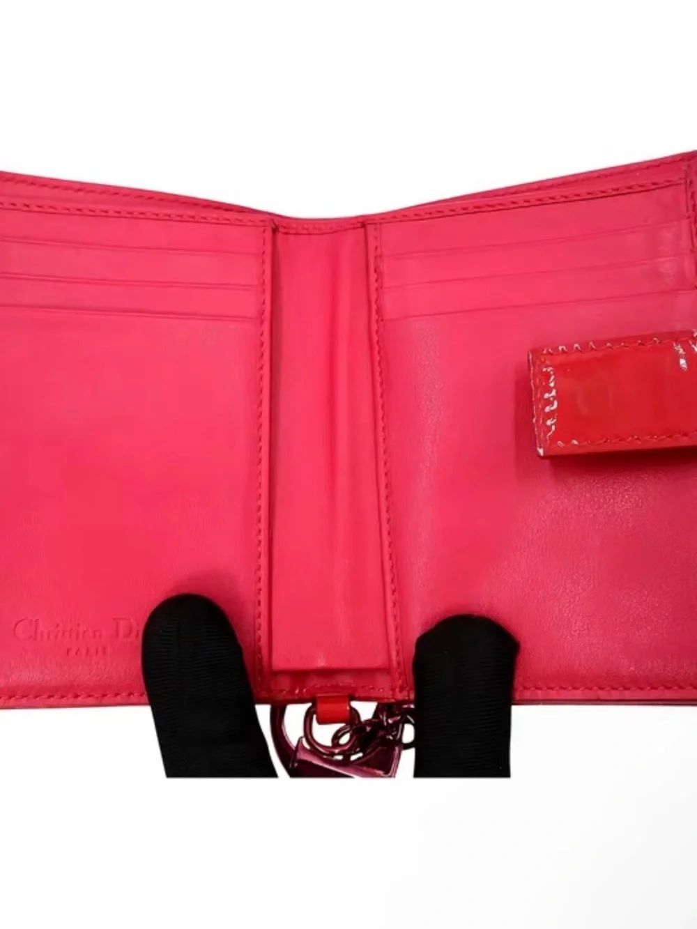 Pre-Owned Lady Dior Red Patent Leather Quilted Wallet with Charm & COA